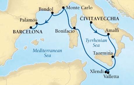 Seabourn Cruises Encore Map Detail Civitavecchia, Italy to Barcelona, Spain July 26 August 5 2026 - 11 Days
