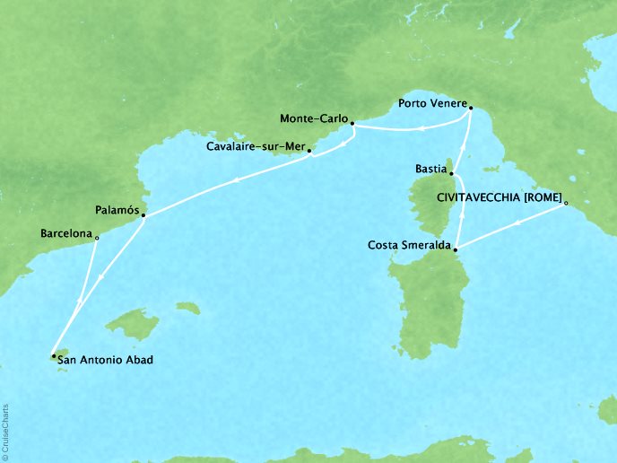 Seabourn Cruises Encore Map Detail Civitavecchia, Italy to Barcelona, Spain Juy 8-16 2026 - 8 Days
