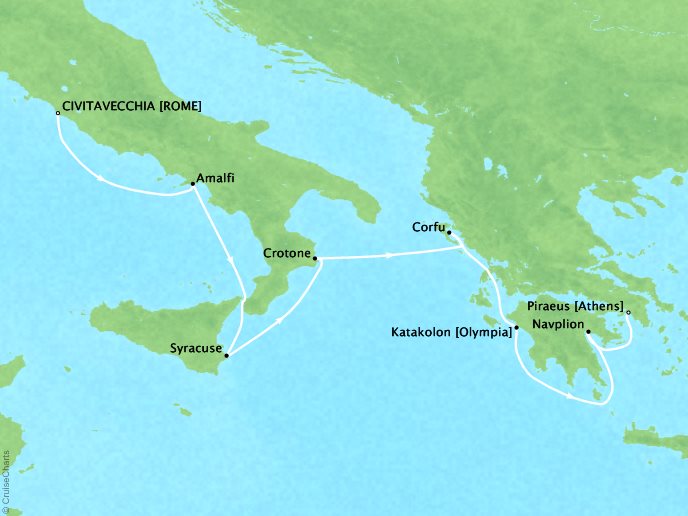 Seabourn Cruises Encore Map Detail Civitavecchia, Italy to Piraeus (Athens), Greece June 10-17 2026 - 7 Days