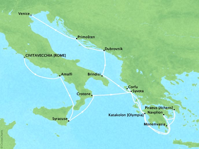Seabourn Cruises Encore Map Detail Civitavecchia (Rome), Italy to Venice, Italy June 10-24 2026 - 14 Days