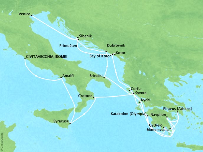 Seabourn Cruises Encore Map Detail Civitavecchia, Italy to Piraeus, Greece June 10 July 1 2026 - 21 Days