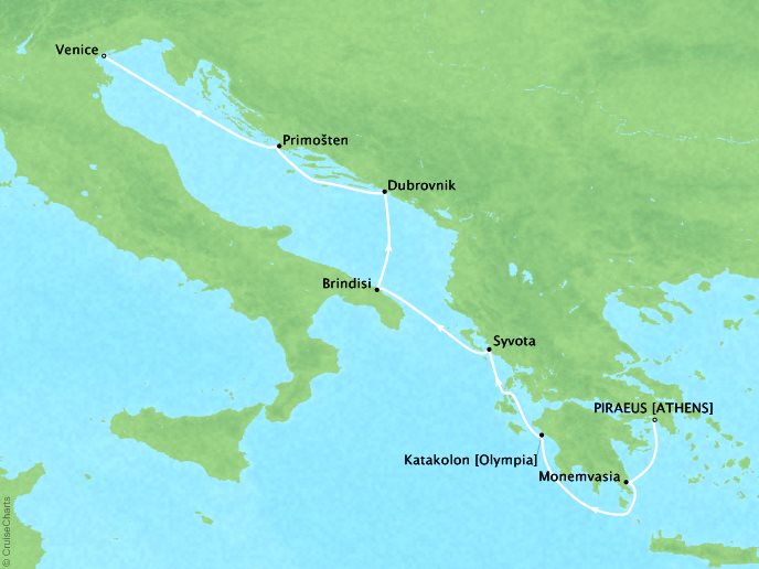 Seabourn Cruises Encore Map Detail Piraeus (Athens), Greece to Venice, Italy June 17-24 2026 - 7 Days
