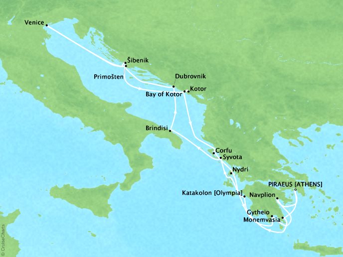 Seabourn Cruises Encore Map Detail Piraeus (Athens), Greece to Piraeus (Athens), Greece June 17 July 1 2026 - 14 Days