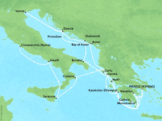 Seabourn Cruises Encore Map Detail Piraeus (Athens), Greece to Civitavecchia, Italy June 17 July 8 2026 - 22 Days