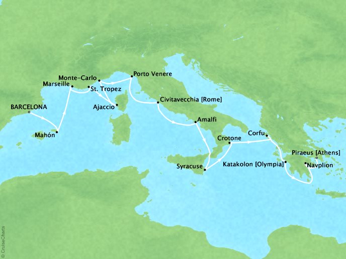 Seabourn Cruises Encore Map Detail Barcelona, Spain to Piraeus (Athens), Greece June 3-17 2026 - 14 Days