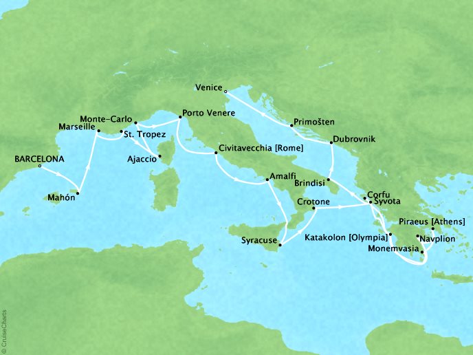 Seabourn Cruises Encore Map Detail Barcelona, Spain to Venice, Italy June 3-24 2026 - 21 Days