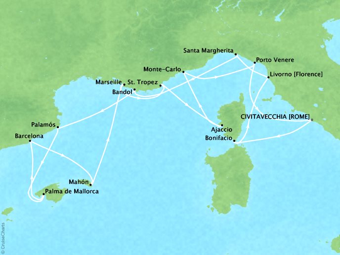 Seabourn Cruises Encore Map Detail Rome (Civitavecchia), Italy to Rome (Civitavecchia), Italy May 13-27 2026 - 14 Days - Voyage 7732A