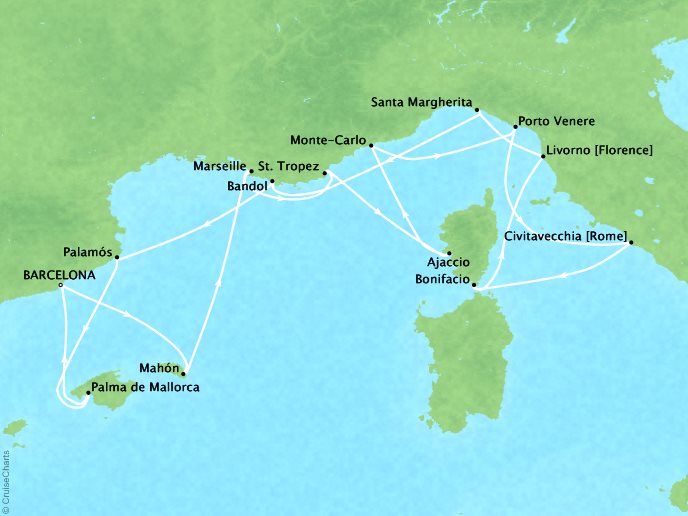 Seabourn Cruises Encore Map Detail Barcelona, Spain to Barcelona, Spain May 20 June 3 2026 - 14 Days - Voyage 7733A