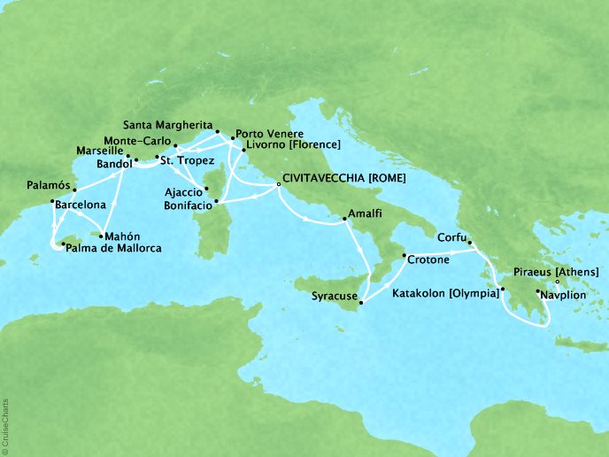Seabourn Cruises Encore Map Detail Civitavecchia, Italy to Piraeus, Greece May 27 June 17 2026 - 21 Days
