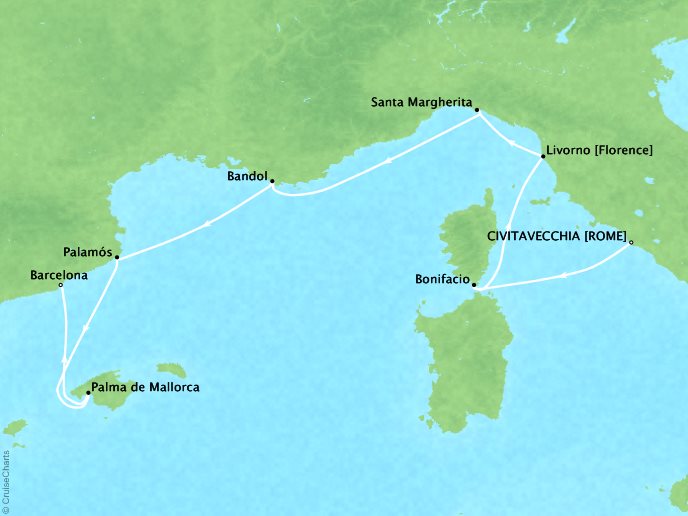 Seabourn Cruises Encore Map Detail Civitavecchia, Italy to Barcelona, Spain May 27 June 3 2026 - 7 Days - Voyage 7734