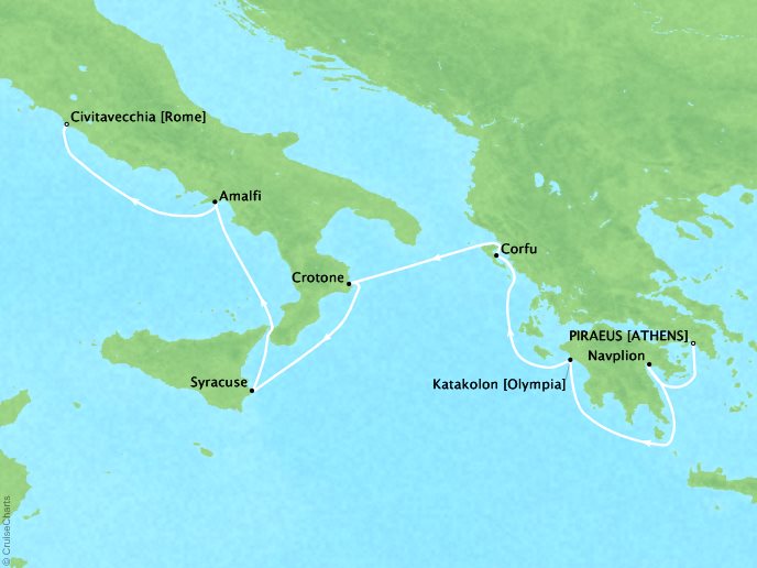 Seabourn Cruises Encore Map Detail Piraeus (Athens), Greece to Civitavecchia, Italy May 6-13 2026 - 7 Days - Voyage 7731