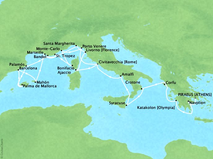 Seabourn Cruises Encore Map Detail Piraeus (Athens), Greece to Civitavecchia, Italy May 6-27 2026 - 21 Days - Voyage 7731B