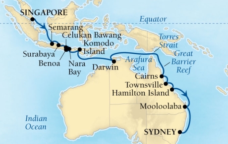 Seabourn Cruises Encore Map Detail Singapore, Singapore to Sydney, Australia November 10 December 4 2026 - 24 Days