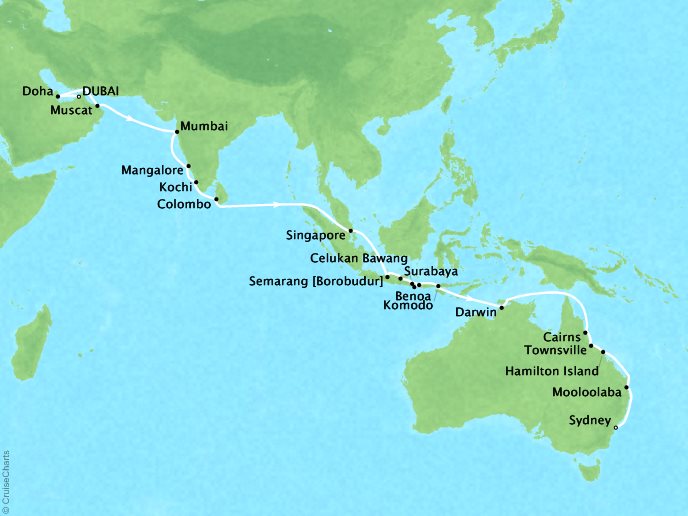 Seabourn Cruises Encore Map Detail Dubai, United Arab Emirates to Sydney, Australia October 25 December 4 2026 - 40 Days