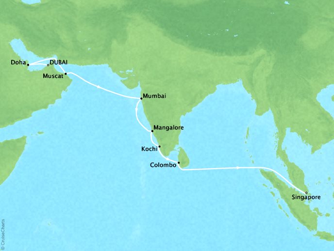 Seabourn Cruises Encore Map Detail Dubai, United Arab Emirates to Singapore, Singapore October 25 November 10 2026 - 16 Days