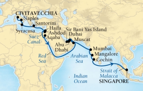 Seabourn Cruises Encore Map Detail Civitavecchia, Italy to Singapore, Singapore October 4 November 10 2026 - 37 Days