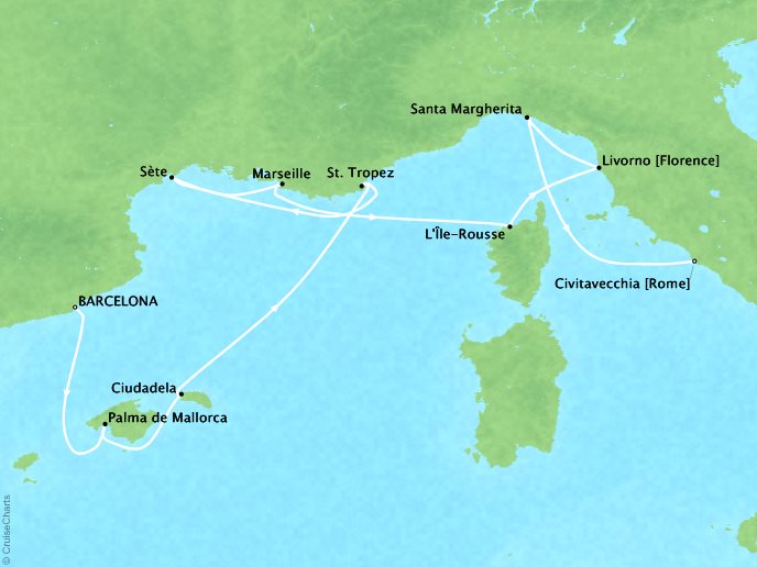 Seabourn Cruises Encore Map Detail Barcelona, Spain to Civitavecchia, Italy September 14-24 2026 - 10 Days