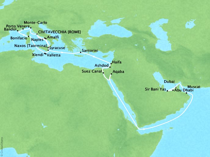 Seabourn Cruises Encore Map Detail Civitavecchia, Italy to Dubai, United Arab Emirates September 24 October 25 2026 - 31 Days