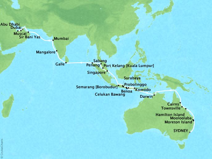 Just Seabourn World Cruises Encore Map Detail Sydney, Australia to Dubai, United Arab Emirates Ferbruary 22 April 9 2027 - 47 Days
