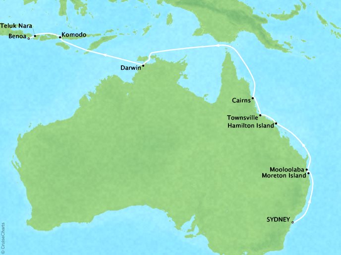 Just Seabourn World Cruises Encore Map Detail Sydney, Australia to Benoa (Bali), Indonesia February 22 March 12 2027 - 19 Days