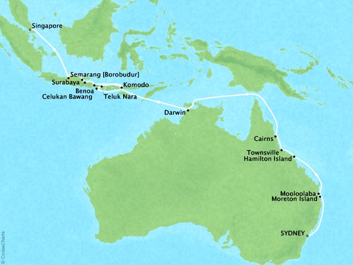 Just Seabourn World Cruises Encore Map Detail Sydney, Australia to Singapore, Singapore February 22 March 22 2027 - 29 Days