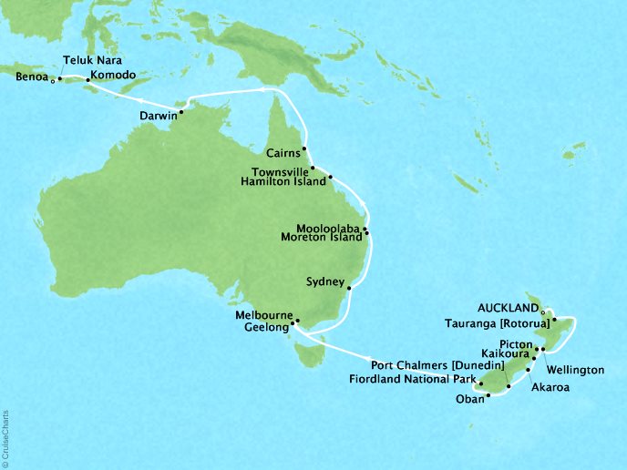 Just Seabourn World Cruises Encore Map Detail Auckland, New Zealand to Benoa (Bali), Indonesia February 6 March 12 2027 - 35 Days