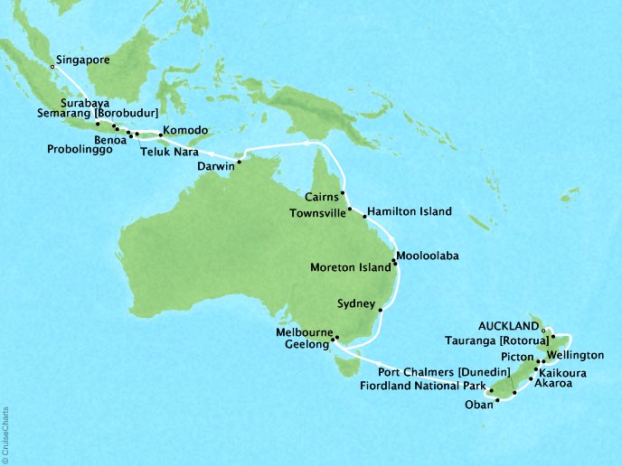 Just Seabourn World Cruises Encore Map Detail Auckland, New Zealand to Singapore, Singapore February 6 March 22 2027 - 45 Days