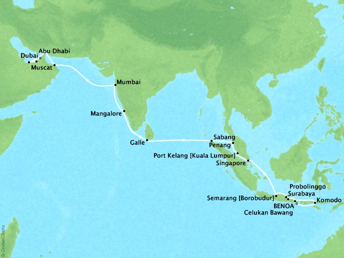 Just Seabourn World Cruises Encore Map Detail Benoa (Bali), Indonesia to Dubai, United Arab Emirates March 12 April 9 2027 - 29 Days