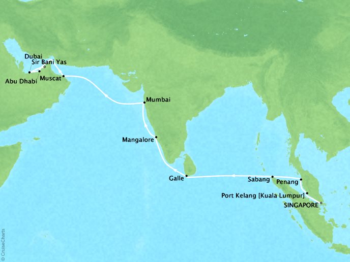 Just Seabourn World Cruises Encore Map Detail Singapore, Singapore to Dubai, United Arab Emirates March 22 April 9 2027 - 19 Days