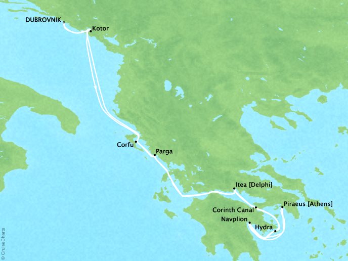 Cruises Crystal Esprit Map Detail Dubrovnik, Croatia to Dubrovnik, Croatia September 3-17 2017 - 14 Days
