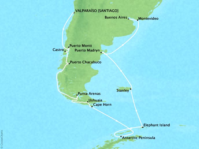 Cruises Crystal Serenity Map Detail Santiago (Valparaiso), Chile to Buenos Aires, Argentina February 8 March 3 2017 - 23 Days