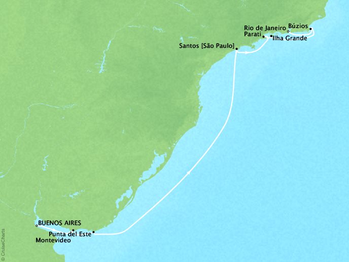 Cruises Crystal Serenity Map Detail Buenos Aires, Argentina to Rio de Janeiro, Brazil March 3-14 2017 - 11 Days