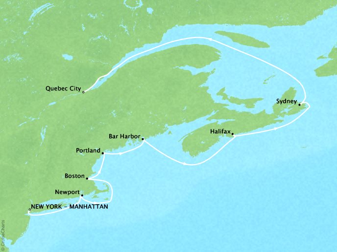 Cruises Crystal Serenity Map Detail New York, NY, United States to Qubec City, Canada October 3-13 2017 - 10 Days
