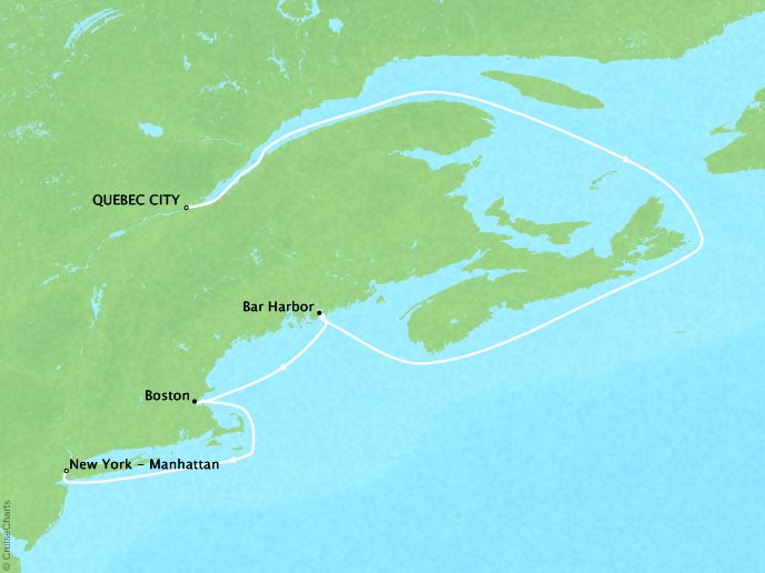 Cruises Crystal Serenity Map Detail Qubec City, Canada to New York, NY, United States September 26 October 3 2017 - 7 Days