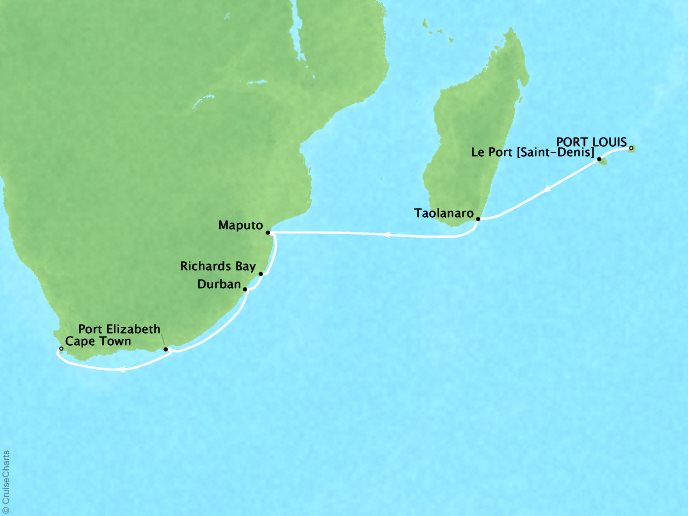 Cruises Crystal Symphony Map Detail Mauritius (Port Louis) to Cape Town, South Africa December 9-22 2017 - 13 Days
