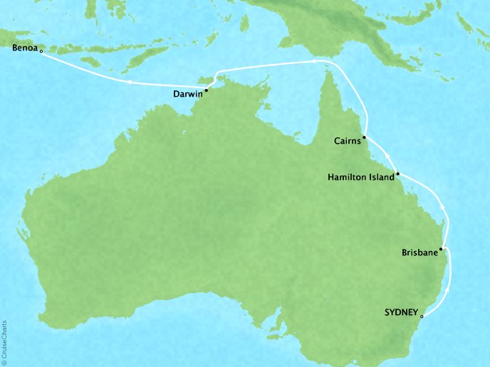 Cruises Crystal Symphony Map Detail Sydney, Australia to Benoa, Bali February 10-23 2017 - 13 Days
