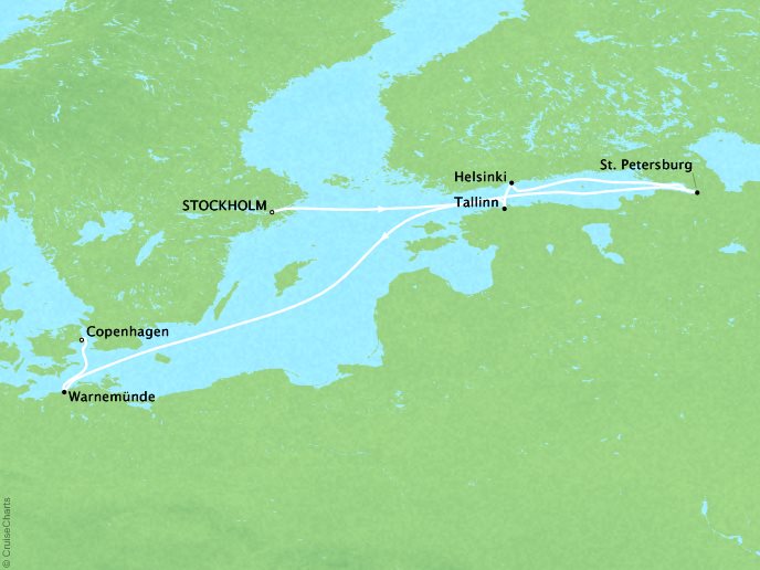 Cruises Crystal Symphony Map Detail Stockholm, Sweden to Copenhagen, Denmark June 24 July 4 2017 - 10 Days