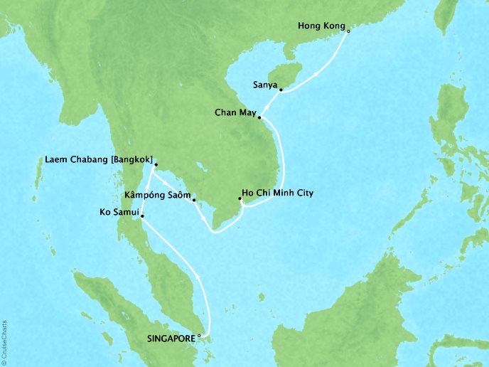 Cruises Crystal Symphony Map Detail Singapore to Hong Kong March 7-20 2017 - 13 Days