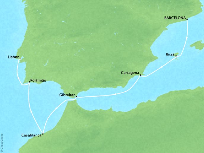 Cruises Crystal Symphony Map Detail Barcelona, Spain to Lisbon, Portugal October 3-10 2017 - 7 Days