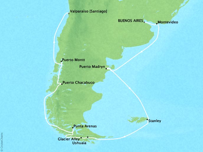 Cruises Crystal Symphony Map Detail Buenos Aires, Argentina to Valparaso, Chile February 3-19 2019 - 16 Days