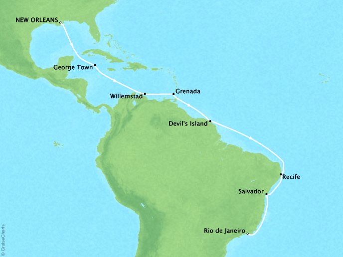 Cruises Crystal Symphony Map Detail New Orleans, LA, United States to Rio De Janeiro, Brazil January 5-24 2019 - 19 Days