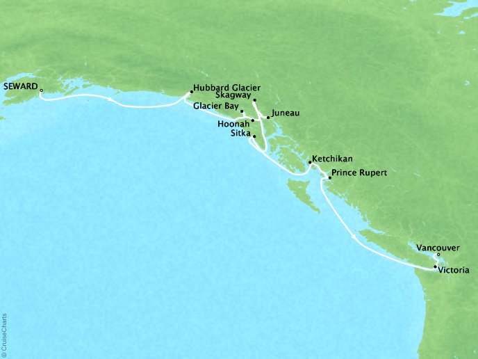 Cruises Crystal Symphony Map Detail Seward, AK, United States to Vancouver, Canada July 12-23 2019 - 11 Days
