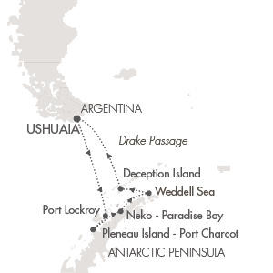 Cruises Around The World Ponant Yacht Le Ponant Cruise Map Detail Ushuaia, Argentina to Ushuaia, Argentina February 2-12 2026 - 10 Days
