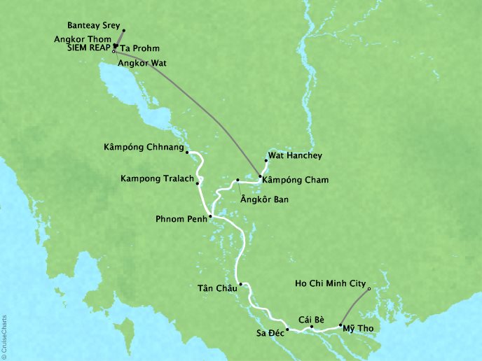 Around the World Private Jet Cruises Lindblad Expeditions Jahan Map Detail Siem Reap, Cambodia to Ho Chi Minh City (Saigon), Vietnam March 8-19 2018 - 11 Days