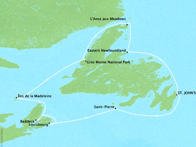 Around the World Private Jet Cruises Lindblad NG NG Explorer Map Detail St. John's, Canada to St. John's, Canada September 14-21 2023 - 7 Days