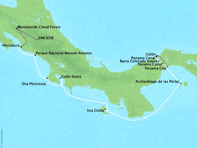 Around the World Private Jet Cruises Lindblad NG NG Sea Lion Map Detail San Jose, Costa Rica to Panama City, Panama February 15-25 2017 - 10 Days