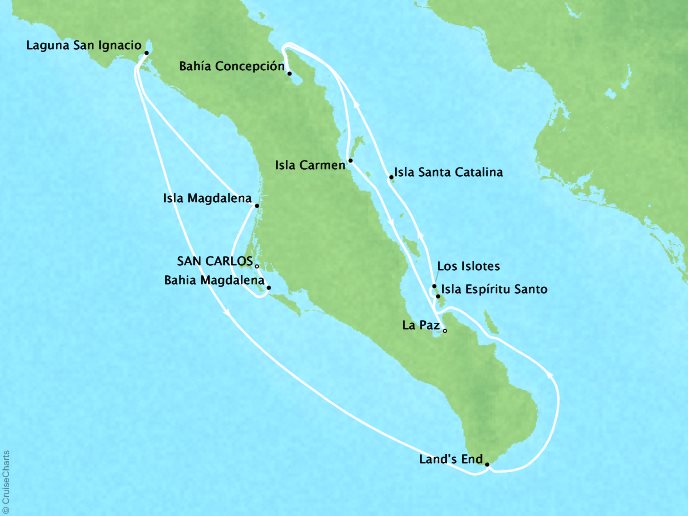 Around the World Private Jet Cruises Lindblad NG NG Sea Lion Map Detail San Carlos, Mexico to La Paz, Mexico March 19 April 2 2018 - 14 Days