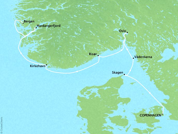 Around the World Private Jet Cruises Lindblad NG Orion Map Detail Copenhagen, Denmark to Bergen, Norway June 16-23 2017 - 7 Days