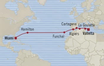 Cruises Around The World Oceania Insignia September 12-29 2025 Valletta, Malta to Miami, FL