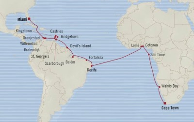 Cruises Oceania Insignia Map Detail Miami, FL, United States to Cape Town, South Africa January 3 February 8 2018 - 36 Days